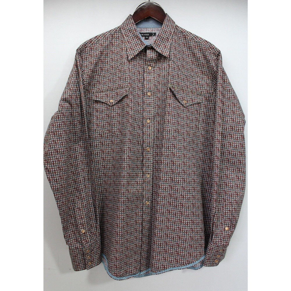 TIM HAUL Long Sleeve Western Shirt Rodeo Pearl Snap Brown Print  Mens Large